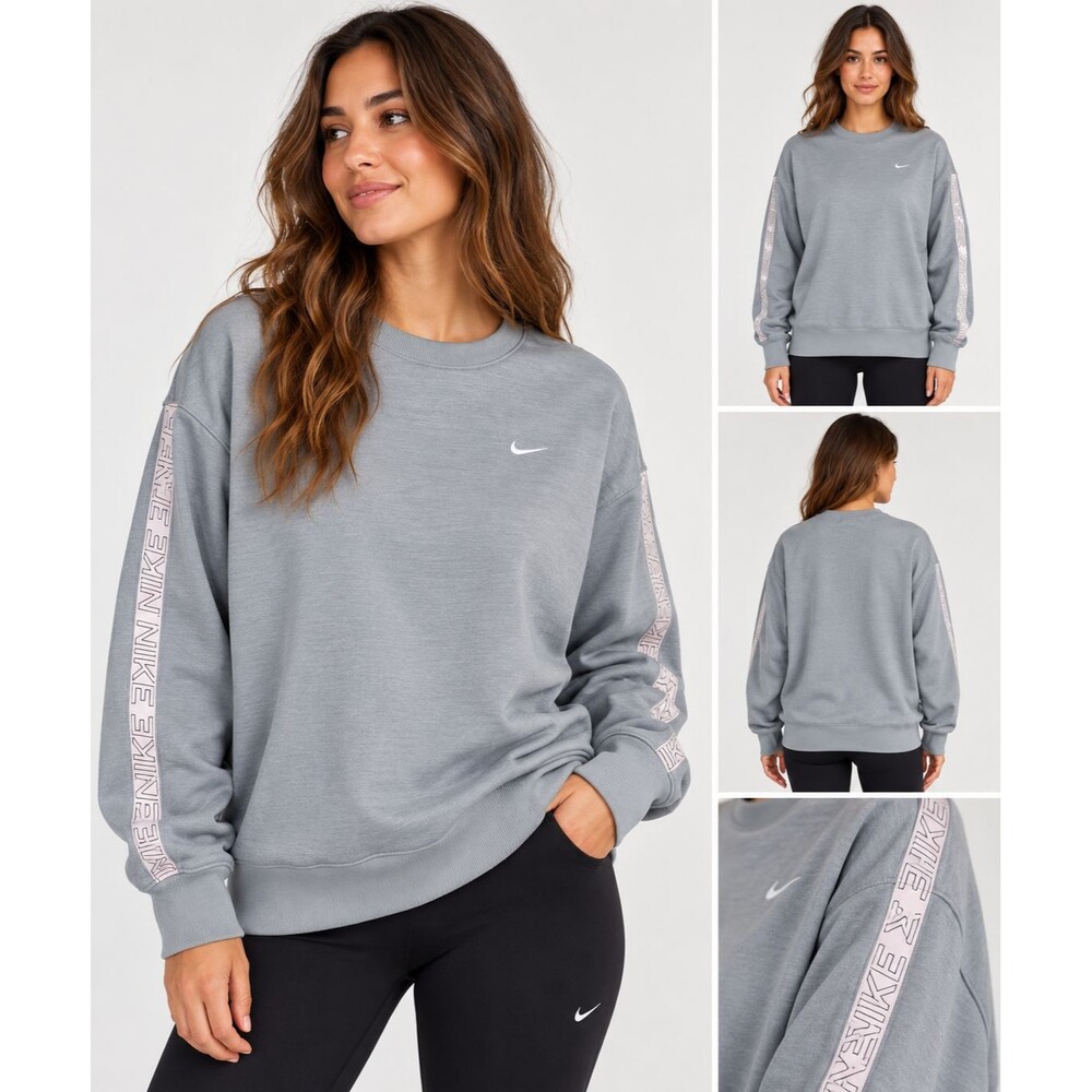 Nike Therma Training Crew Women M Gray Dri-FIT Fleece Logo Tape Sweatshirt